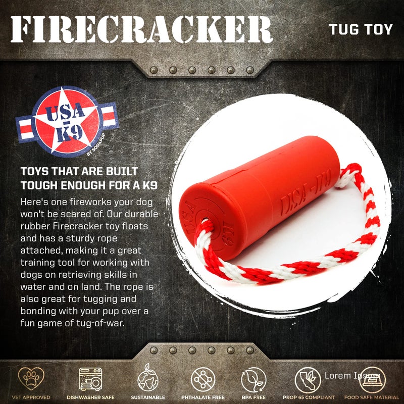 SodaPup USA-K9 Firecracker â€“ Durable Dog Tug Toy & Floating Training Dummy Made in USA from Non-Toxic, Pet-Safe, Food Safe Natural Rubber for Water Retrieval, Bonding, Mental & Physical Exercise, More - Image 3